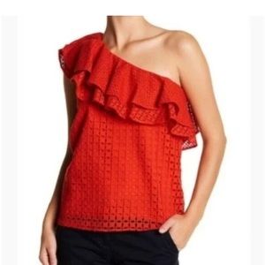 J Crew red one shoulder eyelet top sz 0